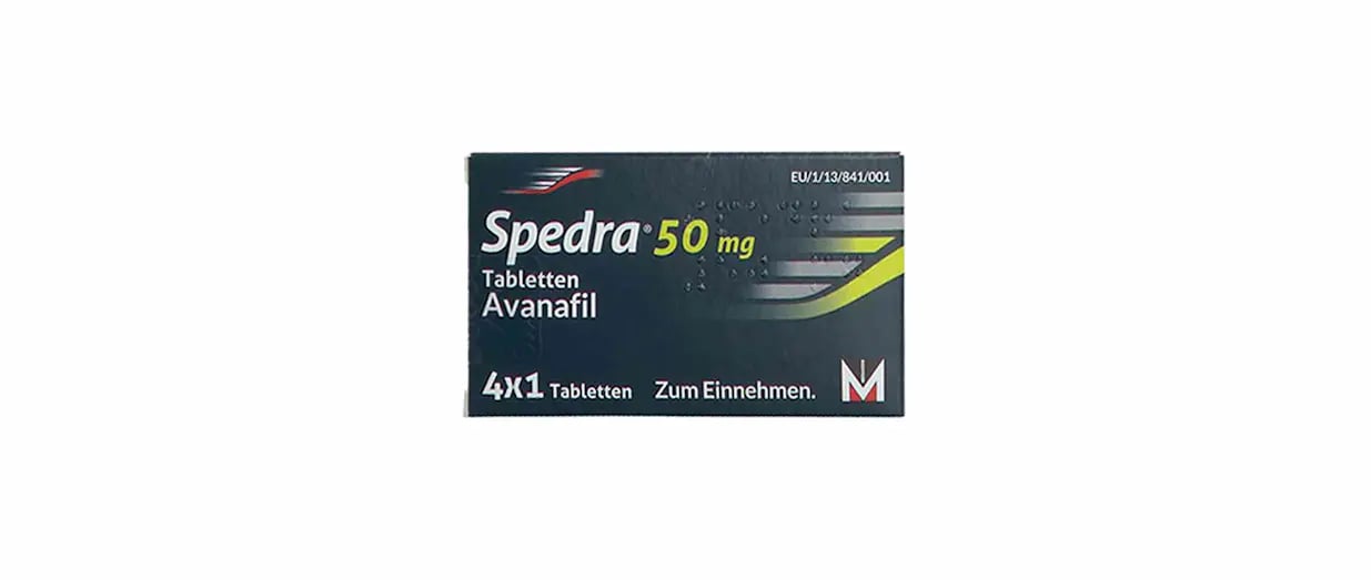 Spedra-Packung mit 50 mg Avanafil auf wei&szlig;em Hintergrund