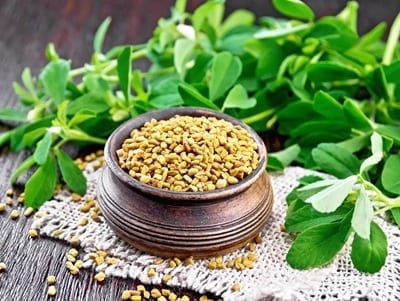 Fenugreek-Samen in einer Schüssel und grüne Blätter
