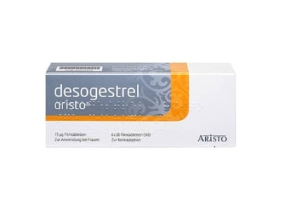 Eine Packung Desogestrel Aristo-Pillen.