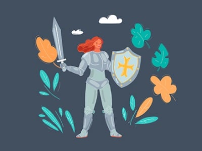Eine Frau in Rüstung mit einem Schwert und einem Schild.