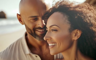 Schöne Frau und glatzköpfiger Mann umarmen und lächelnd am Strand.