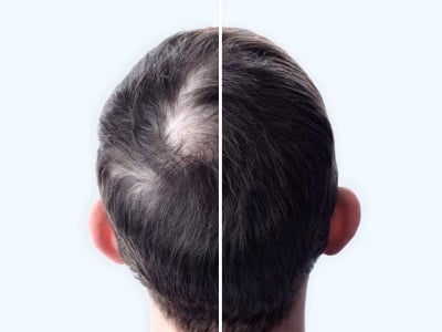 Ein hypothetisches Bild des Haarzustands eines Mannes vor und nach der Mesotherapie.