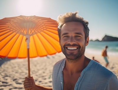  Ein lächelnder Mann hält einen Sonnenschirm am Strand während eines sonnigen Tages.