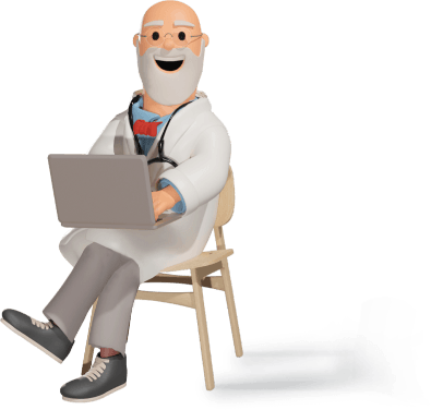 Arzt sitzt mit einem Laptop auf einem Stuhl